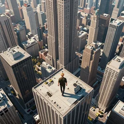 blond man larger than skyscrapers walks around the city, bird's eye view, highly detailed, digital art, sharp focus, super realistic, octane render