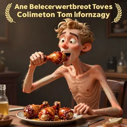 a cartoon of a very skinny man feasting on chicken drumsticks