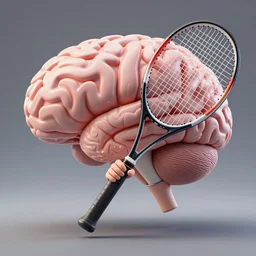 A photograph of a large brain holding a tennis racket and trying to hit a tennis ball, professional image taken with a DSLR camera with studio lighting