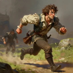 man with curly and round glasses wearing rags chasing a french musketeer, fantasy, digital painting, dramatic lighting, vibrant setting, realistic shading, unreal engine 5, concept art, ultra detailed, trending artstation