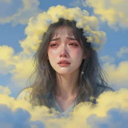 crying woman!!!!, covered in yellow and blue clouds, disarming, enchanting, fragile, hopeful, cloudcore, portrait, by kim keever