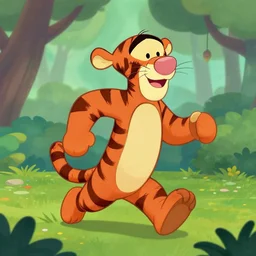 disney tigger cartoon, tigger running through the woods, vibrant colors