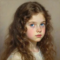 portrait of a 1 7 years girl with long curly brown hair and blue eyes, beautiful painting by artgerm and greg rutkowski