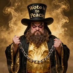 wearing a black robe, wearing a high hat, the hat is written on the world is too peaceful, the robe is golden, the fat man, the appearance is fierce, the devil, the eyes, the big eyes are red, holding the shackles in his hands, surrounded by this fine golden smoke