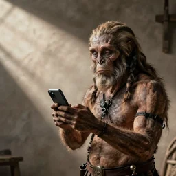 neanderthal with a smartphone, realistic, history, old, rustic
