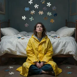 a dark-haired woman wearing a yellow raincoat sitting on the floor in front of a bed covered with white linen, puzzle pieces are hovering in the air, a sense of awe, atmospheric, cinematic, very detailed, volumetric lighting, Oil Paint, by Weta Digital