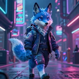 an anthro anthropomorphic furry fursona hybrid of a blue german shepherd and a blue fox, with blue fur and blue eyes in a cyberpunk outfit, walking in cyberpunk neon streets, award winning digital art, trending on furaffinity, artstation, pixiv