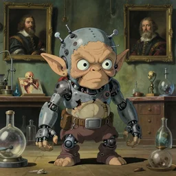 horrible ragged little cyborg dwarf goblin with maniacal expression and bulging eyes : : mechanical implants attached to head : : 3 byzantine hong kong hoarder labaratory : : 3 anatomical study by rembrandt and bruegel and carvaggio : : studio ghibli composition