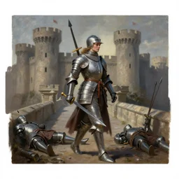 painting of a medieval female knight pierced by swords and spears walking over a castle bridge, knights laying on the ground. dramatic pose, dramatic lighting