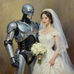 oil painting of robocop getting married