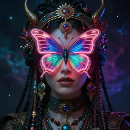 a portrait of a beautiful woman with with boho accessories a neon butterfly covering her face head, cult secret society art by james paick, and shaddy safadi, ominous, cosmic horror, trending on artstation, ultra detailed, hyper realistic 4 k, umion render, 8 k realistic hyper detailed, digital painting octane, cinema 4 d, c 4 d render