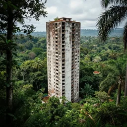 Skyscraper abandoned in the middle of the jungle, 4k, award winning photo, canon camera