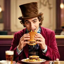 willy wonka eating a hamburger