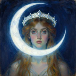Artemixel, the modern reincarnation of the old selenium god of hunt, also known as Artemis the Selene, carrying the celebrated Crown of the Crescent Moon, wich its usual bright and slightly bluish crescent like the brightness of the night. Portrait by Odilon Redon, oil on canvas