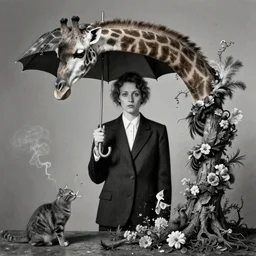 photographic portrait max ernst sad woman giraffe feathers, melting, floral, wearing a suit, holding an umbrella and a cat, spiraling tree, cigarette smoke, editorial