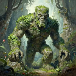 ancient stone golem covered in plants guarding a portal to another world, art by anton fadeev