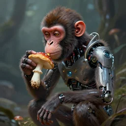 a cybernetic monkey eats a mushroom, masterpiece digital painting by Greg Rutkowski and Thomas Kinkade, photorealistic, biomechanical monkey, 4k wallpaper, cyberpunk concept art, character design stylized