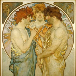 2 attracting men, painting by gaston bussiere, craig mullins, greg rutkowski, alphonse mucha