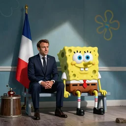 French President Emmanuel Macron and Spongebob hanging out together, chilling