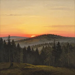 beautiful rotogravure drawing of distant forest on hills in the sunset, by gustave dore