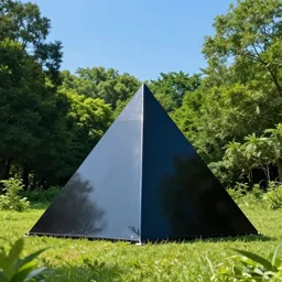 a shiny glossy pyramid in the middle of a lush forest and a clear blue sky in the background