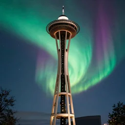 virgin mary portrait blending into intense vivid aurora above space needle centered big sky film long exposure fuji wide angle national geographic