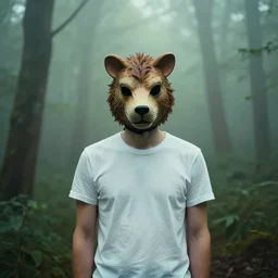 creepy man standing in a dense foggy forest wearing a clean t - shirt and a retro vintage creepy animal mask, hipster cinematic colors, trending on instagram, photography, sigma 8 5 mm f / 1. 4