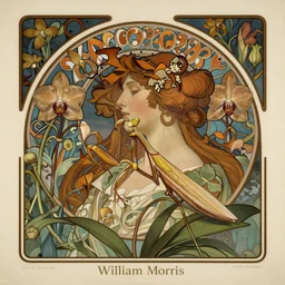 potrait of an orchid mantis by William Morris and Carlos Schwabe, horizontal symmetry, exquisite fine details, Art Nouveau botanicals, deep rich moody colors