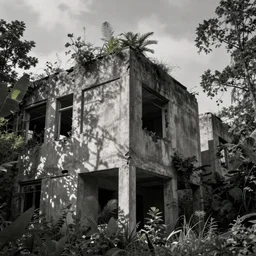 Abandoned concrete building with plants and trees, overcast, low saturation photo