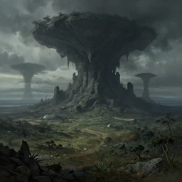 an alien dark world landscape , art station, landscape, concept art, illustration, highly detailed artwork, hyper realistic painting
