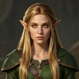portrait, 30 years old women :: fantasy elf :: amber eyes, long straight darkblond hair :: attractive, symmetric face :: green and brown medieval cloting, natural materials :: high detail, digital art, RPG, concept art, illustration