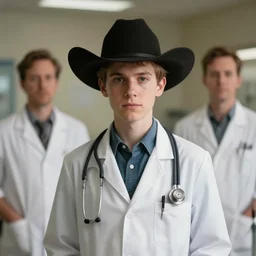 scientific psychotic doctor, cowboy hat like boy wtf?, ron english, matt bors, by david wojnarowicz, shock art, poster art, 8 k concept art, trending on behance
