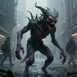 a closeup matte painting of a supernatural hideous creature, stalking pedestrians, in the fog cyber - frostpunk city, highly detailed, in the style of remedios varo and john chamberlain, dark moody lighting, hyper photorealism, trending on artstation, 8 k