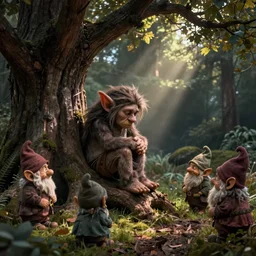 Lonely and sad troll sitting on a tree trunk, comforted by gnomes, large format, hyperdetailed, artstation, cgsociety, by greg rutkowski, by Gustave Dore