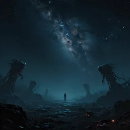 Endless eerie void with stars and cosmic horror creatures floating far inside, photorealistic