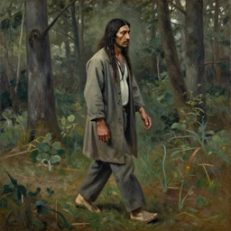 indigenous man walking in the forest, painted by lucian freud, hd, super detailed, realistic, muted colors