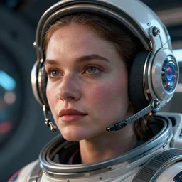 VFX movie of a futuristic spaceman closeup portrait in high tech spaceship, beautiful natural skin neon lighting by Emmanuel Lubezki