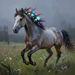 a stunning digital painting of a flowerpunk horse with a mane of bioluminescent flowers running through a meadow by eddie mendoza, volumetric light, digital art, fine detail, photorealistic