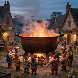 a huge dutch oven in the town. the dutch oven has dwarves and humans drinking beer in front of it, evening, high fantasy