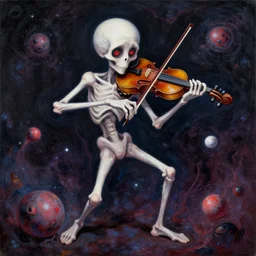 katamari damacy as cosmic horrifying artwork of a demonic painting of a skinny living corpse playing the violin by zdzisław beksinski