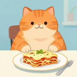 fat orange cat on a table with lasagna new yorker illustration