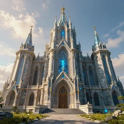 an imposing and highly ornamented fantasy castle, carved from sapphire stone, cinematic view, epic sky, detailed, concept art, high detail, warm lighting, volumetric, godrays, vivid, beautiful, trending on artstation, by jordan grimmer, huge scene, grass, art greg rutkowski