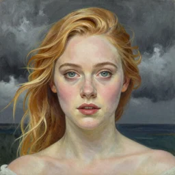 professional painting of Elle Fanning in the style of Edmund Dulac, head and shoulders portrait, symmetrical facial features, smooth, sharp focus, illustration, intricate, stormy weather, extremely detailed masterpiece,