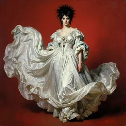 one person only. One head only. Long flowing dress. Oversized flowing swirling dress. Solomon Joseph Solomon and Richard Schmid and Jeremy Lipking victorian genre painting portrait painting of a young beautiful woman punk rock goth with punk rock haircut in fantasy costume, red background