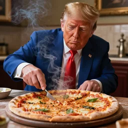 a high detail shot of trump making a pizza, smoking, render, cgsociety, photorealism