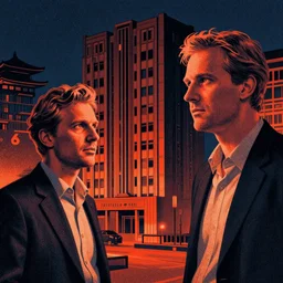 old kyoto, mads berg, karolis strautniekas, film noir, stippled light, dramatic lighting, editorial illustration, detailed, fine texture, matte print, art deco, brutalism, dark blue + dark orange, red, black, ( ( habitat 6 7 background ) )