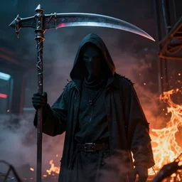hyperrealistic neon grimm reaper holding a scythe, photorealistic cinematic render, octane render, cyberpunk in hell, fog, fire, 8 k, unrealengine