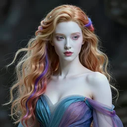 concept art portrait of ethereal beauty, smooth porcelain skin, by karol bak, mystical vibrant, colors goddess, elegant dress, in the style of the lord of the rings, cinematic colors, high details, sharp focus, artstation, gorgeous hair, 8 k