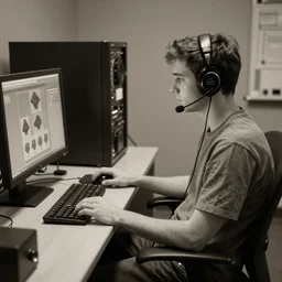 a young man sitting on a chair wearing a headset connected to a supercomputer, in a dimly lit room, highly detailed, 8 k, film grain, photojournalism, sepia