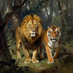 a lion and a tiger in a forest by frank frazetta